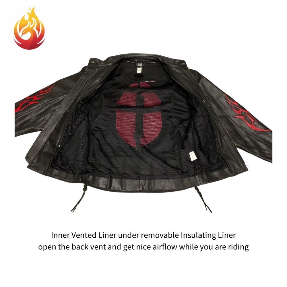 Leather Craft USA Black Motorcycle Jacket with Red  Tribal Detail XS - Picture 5 of 9